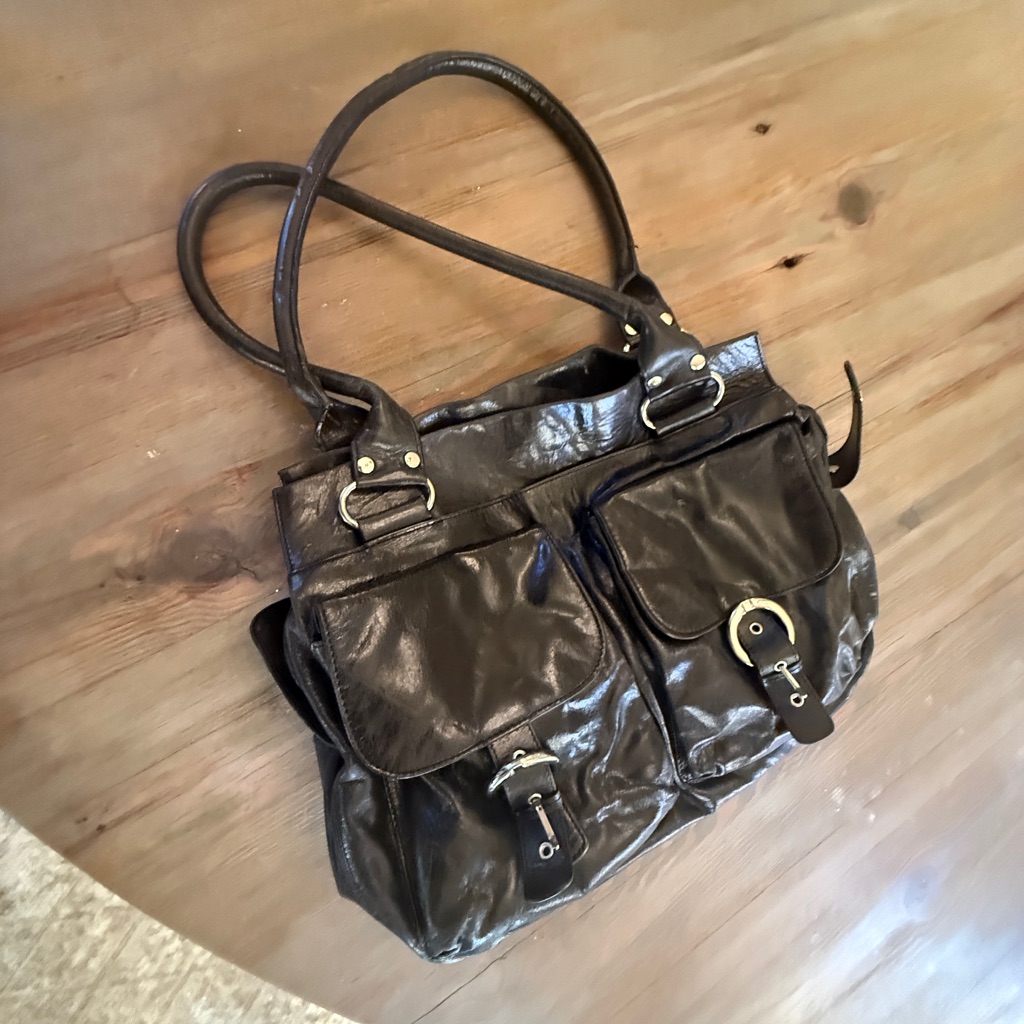 Kate Landry Dark Brown Shoulder Tote With Front Buckle Pockets